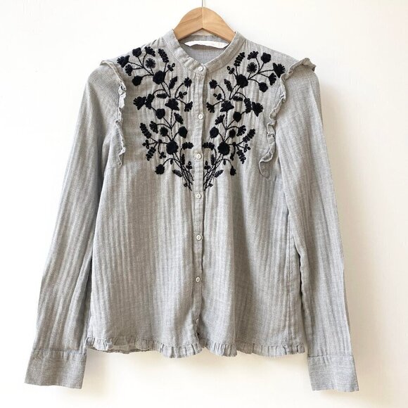 Zara Trafaluc Collection Womens Long Sleeve Button Shirt XS Gray Embroidered - Picture 1 of 13
